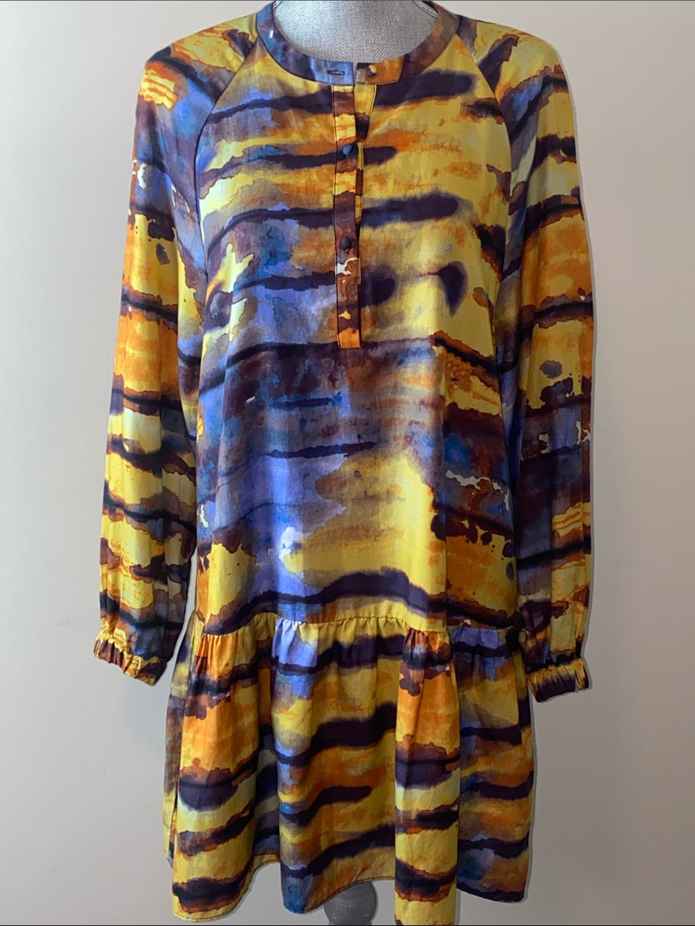 Marie Oliver Yellow and Blue Watercolor-Print Long-Sleeve Minidress Tunic Size S